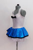 White halter collar leotard has black bow accent at front. Comes with a pull-on, turquoise skirt, that has a matching black edge & an attached white petticoat. Side