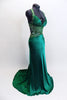 Deep emerald green satin full length Madeline’s gown with fitted cup (B/C). The waist and straps are made from beaded & sequined sheer & extent to low open back. Size