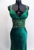 Deep emerald green satin full length Madeline’s gown with fitted cup (B/C). The waist and straps are made from beaded & sequined sheer & extent to low open back. Front zoom