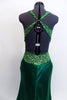 Deep emerald green satin full length Madeline’s gown with fitted cup (B/C). The waist and straps are made from beaded & sequined sheer & extent to low open back. Back zoom