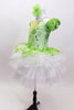 Green embroidered beaded lace tutu bodice has attached lace overlay which sits on top of white tutu. Comes with lace arm poufs and green floral hair accessory. Side
