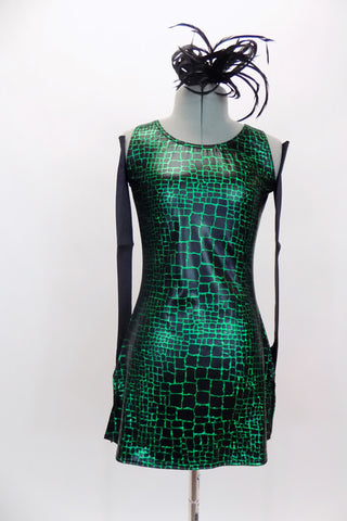 Green and black shiny crocodile skin inspired tank dress had separate black bottom. Comes with long black gloves and black feather hair accessory. Front