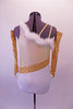 Gold & white single shoulder leotard has a light gold shimmery bust & white bottom separated by a gold sequin angled gold straps banded at the waist. The bust is lined with white marabou feather. The right shoulder has double straps that angle out at the back. Comes with gold sequined gauntlets & hair accessory. Back