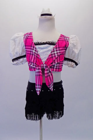 Bright pink tartan print half-top has white eyelet pouffe sleeves and white sequined centre accented with black ruffle. The accompanying booty short is fully fringed with crystal accents along the hip.  Comes with fringed black sequined pull-on boots/socks with elastic reinforced bottom. Front