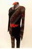 Full black unitard has scoop front & low back. Left leg & right arm have waves of red & silver flame patterns & red waist applique. Has matching hair accessory. Side