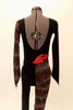 Full black unitard has scoop front & low back. Left leg & right arm have waves of red & silver flame patterns & red waist applique. Has matching hair accessory. Back