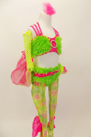 Lime green faux-fur bra and panty has hot pink criss-cross straps and belt with crystal buckle and front broach. Comes with pink/green wide mesh stockings that have pink organza fin ruffle and matching mesh finned gauntlets. The behind has a bright pink 3-D fish tale. Right side