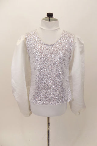 White high neck shirt-leotard,  zips at back has sateen blouson sleeves. Comes with pull on white and silver V-front vest which can be worn separately. Front