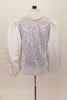 White high neck shirt-leotard,  zips at back has sateen blouson sleeves. Comes with pull on white and silver V-front vest which can be worn separately. Back