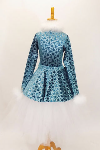 Blue sparkled chain-pattern coat dress has white marabou collar and cuffs. It sits overtop of white romantic tutu with hook-eye closure on the bask. Comes with matching fez hat that has white marabou and crystal snowflake brooch. Front