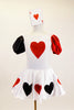 White velvet leotard dress has heart motif on bodice.White satin skirt has alternating red & black hearts over white petticoat. Has ace of hearts hair piece. Front