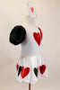 White velvet leotard dress has heart motif on bodice.White satin skirt has alternating red & black hearts over white petticoat. Has ace of hearts hair piece. Right side