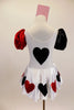 White velvet leotard dress has heart motif on bodice.White satin skirt has alternating red & black hearts over white petticoat. Has ace of hearts hair piece. Back