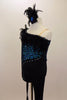 One leg unitard has turquoise sequin on one side & black on other, lined with crystals & black feather trim. Short leg has leg ties. Comes with hair accessory. Left side