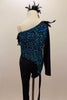One leg unitard has turquoise sequin on one side & black on other, lined with crystals & black feather trim. Short leg has leg ties. Comes with hair accessory. Back