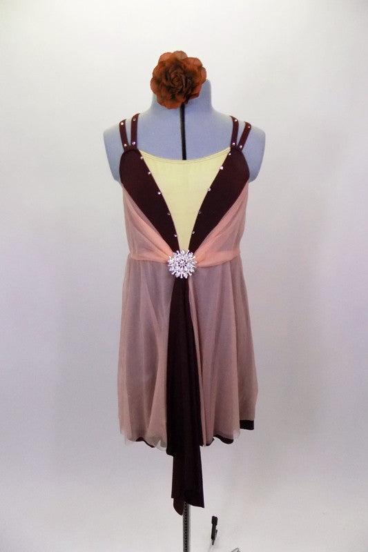 Burgundy dress with crystal accents has pink center insert & double shoulder straps. Gathered sheer pink mesh sits across the bust area & open front skirt. Comes with hair accessory. Front