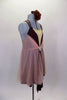 Burgundy dress with crystal accents has pink center insert & double shoulder straps. Gathered sheer pink mesh sits across the bust area & open front skirt. Side