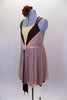 Burgundy dress with crystal accents has pink center insert & double shoulder straps. Gathered sheer pink mesh sits across the bust area & open front skirt. Side