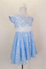 Fully lined pale blue sequined lace dress has cap sleeves & white  sash that ties in bow at back. Comes with matching sequined hair accessory. Right side