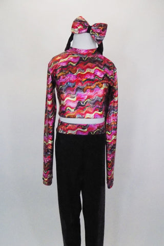 Long sleeved  half top has iridescent waved shades of pink, yellow,orange & charcoal with keyhole back. The  black spandex pants have waved waistband, Comes with matching headband. Front