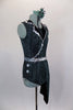 Semi sheer black leotard has keyhole back, swirls of metallic green & black velvet lapels with silver edging. Comes with angled side skirt, silver sequined belt & hair accessory. Right side