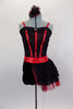 Black, sequined sheer bustier bodice with red stripe accents sits over red metallic bra, Attached black shorts have red waistband & tulle/mesh side bustle. Comes with matching hair accessory. Front