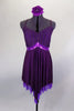 Eggplant dress has leotard base with cross straps & fine pleated gold-flecked bodice with pinch front. Dress has purple metallic band below the empire waist. Comes with floral hair accessory. Front