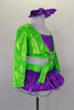 2- piece costume has purple glitter ruffle skirt with large green back bow and layers of white curly hem petticoat. Long sleeved green top has purple center. Comes with crystal buckle accent and purple hair bow. Side