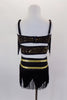 Black & gold 2-piece costume has open back half top with black fringe. The  briefs have fringe on hip & gold belt. Comes with gold and crystal hair accessory. Back