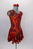 Tie-Dye style flowy tank dress with cap sleeves has scoop neck front and back in shades of reds browns & oranges create the 60s vibe. Comes with hair accessory. Side