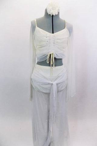 2-piece costume is a sheer mesh with long bell-sleeves & gathered front. Has a built in ivory bust area. Matching pants have wide leg mesh with attached  brief. Comes with hair accessory. Front
