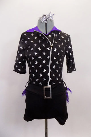 Black short unitard with silver stars, has 3/4 sleeves & front off-center zipper. Has purple collar & ruffled bustle. Comes with attached belt & star hair clip. Front