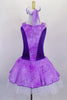 Lavender tutu dress has purple floral print skirt, front center & shoulders, with dark purple sides & back. There is a pleated white 3-layer tutu below skirt. Comes with matching hair accessory. Front