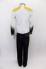 White & black accented, coronation style tunic has mandarin collar & zip back. Gold braiding on neck/arms, gold epaulettes on shoulders. Comes with black pants. Back