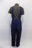 Navy overalls with crystal bib and buttons has velcro closure. The matching checkered shirt has short sleeves and brown tartan print. Comes with large, brown suede cowboy hat. Back