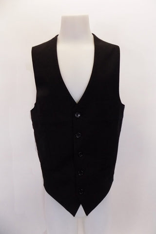 Black five-button, “Urban” vest has darted side seams, faux slit pockets & front breast pocket accents . The black satiny back has buttons to adjust waist. Front