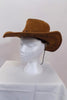 Brown suede cowboy hat with drawstring.