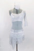 White leotard dress has white mesh middle & white bra with silver fleck, pinch front & cross back. Has white/silver lace, one-sleeve shrug & matching lace skirt. Comes with floral hair accessory. Front