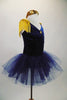 Navy blue velvet ballet dress has tulle tutu, pinch front with gold star and shoulders with tasseled epaulets. Comes with gold sequined headband. Side