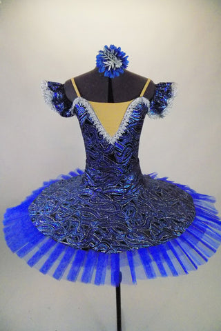 Royal blue velvet base with silver glitter swirl pattern has Russian style bodice & matching circular overlay Has 6 layer blue pleated professional pancake tutu. Comes with hair accessory. Front