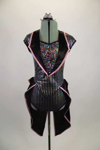 Black pin-stripe leotard has large lapel collar, keyhole back & peplum style tails with pink piping.  Center inset has rainbow sequins. Comes with mini silver hat. Front