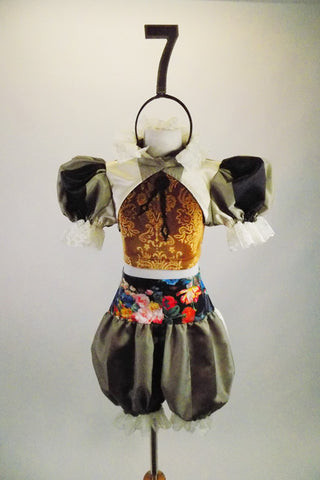Clock-themed 3-piece costume has brocade brown velvet half top with clock accent at bust. Has satin striped half coat & matching floral waistband shorts. Front