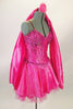 Sweetheart, boned mini dress is a shimmery rose-pink taffeta, covered with beading & crystals. Has attached pink crinoline, matching shawl & hair accessory. Right side