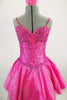 Sweetheart, boned mini dress is a shimmery rose-pink taffeta, covered with beading & crystals. Has attached pink crinoline, matching shawl & hair accessory. Front zoomed