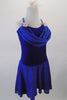 Royal blue camisole leotard dress has velvet bodice with chiffon cowl neck and high-low skirt. Pink roses accent the bust. Comes with a matching floral hair accessory. Side