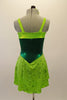Emerald green leotard tank dress has apple green accent at bust and a chiffon floral apple green short skirt. Shows beautifully on stage. Comes with a floral hair accessory. Back
