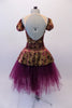 Stunning baroque style ballet dress is a burgundy base with gold brocade print & sheer nude illusion neckline above inlay pop. The matching pull-on peplum overlay with a wide waistband sits over top of a burgundy tulle romantic tutu skirt. The low scoop back and separate pull-on pouffe sleeves finish the look. Back