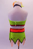 Neon green & orange two-piece costume is entirely made of beaded sequins. The green halter half top has black, cross front straps & orange bust band. The matching green sequined skirt has jagged edges with orange chiffon pieces & a wide orange sequined waistband. Comes with floral hair accessory & ankle/wristbands. Back