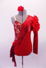 Red leotard has a single long sleeve with rose lace ruffled shoulder. The entire leotard is divided into angled sections. The top is a nude base with red French lace overlay. The section below is a shiny marble like stripe along the front, while the bottom section is a matte red. Right hip has red lace kerchief & rose. Front