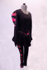 Jerry’s skate costume great for warm-up is black leggings with a colourful floral stripe down the legs. The matching dress style tunic top has pouffe upper sleeve and peplum style ruffle. The bright floral pattern in the shoulders and sleeves complement the stripe in the leggings and the waistband of the tunic. Side